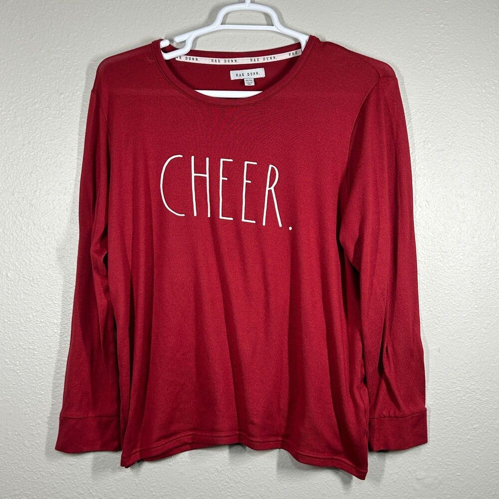 Rae Dunn Top Womens XL Long Sleeve CHEER Graphic Shirt Red Holiday Tee Cozy